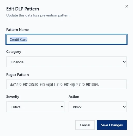 KYRA AI Guardrail — DLP 패턴 편집: 정규식·카테고리·심각도·조치 지정